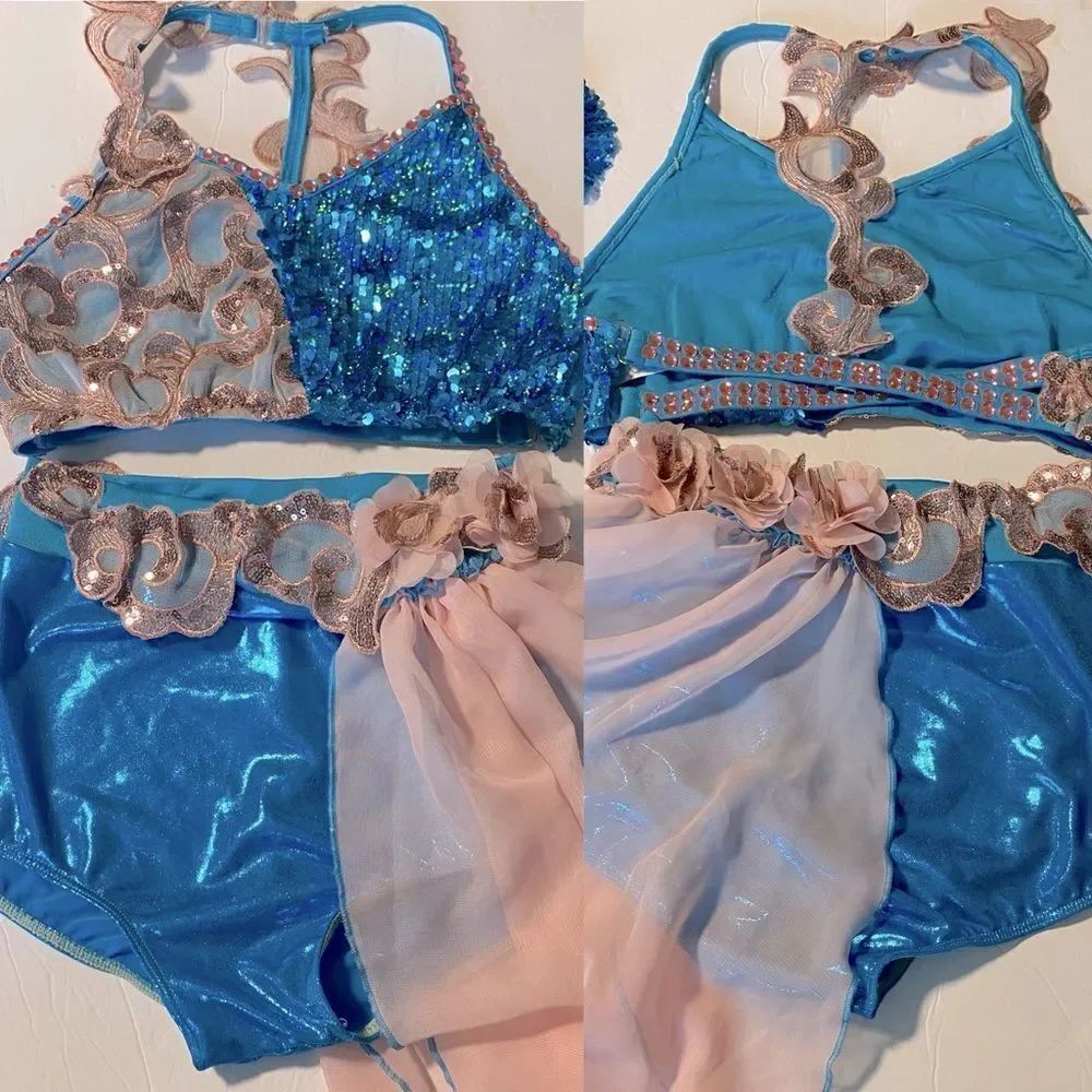 Glamour solo dance costume 2 piece blue pink sequin lace XLC-Extra large child